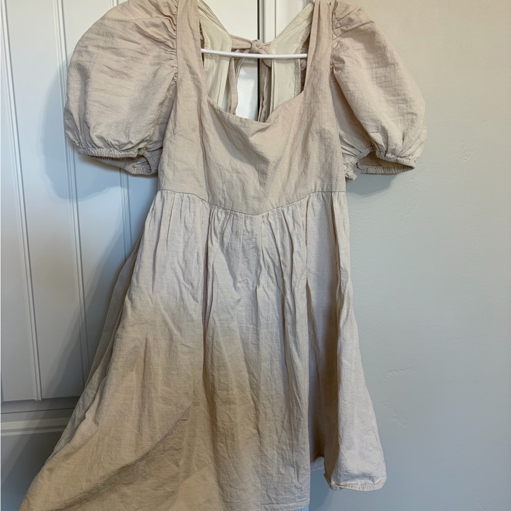 Puff Sleeve Beige Tie-Back Mini Dress